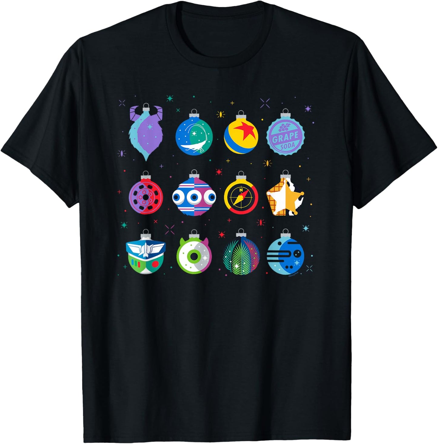 Disney and Pixar Christmas 12 Holiday Character Ornaments T-Shirt - T-Shirt | Black