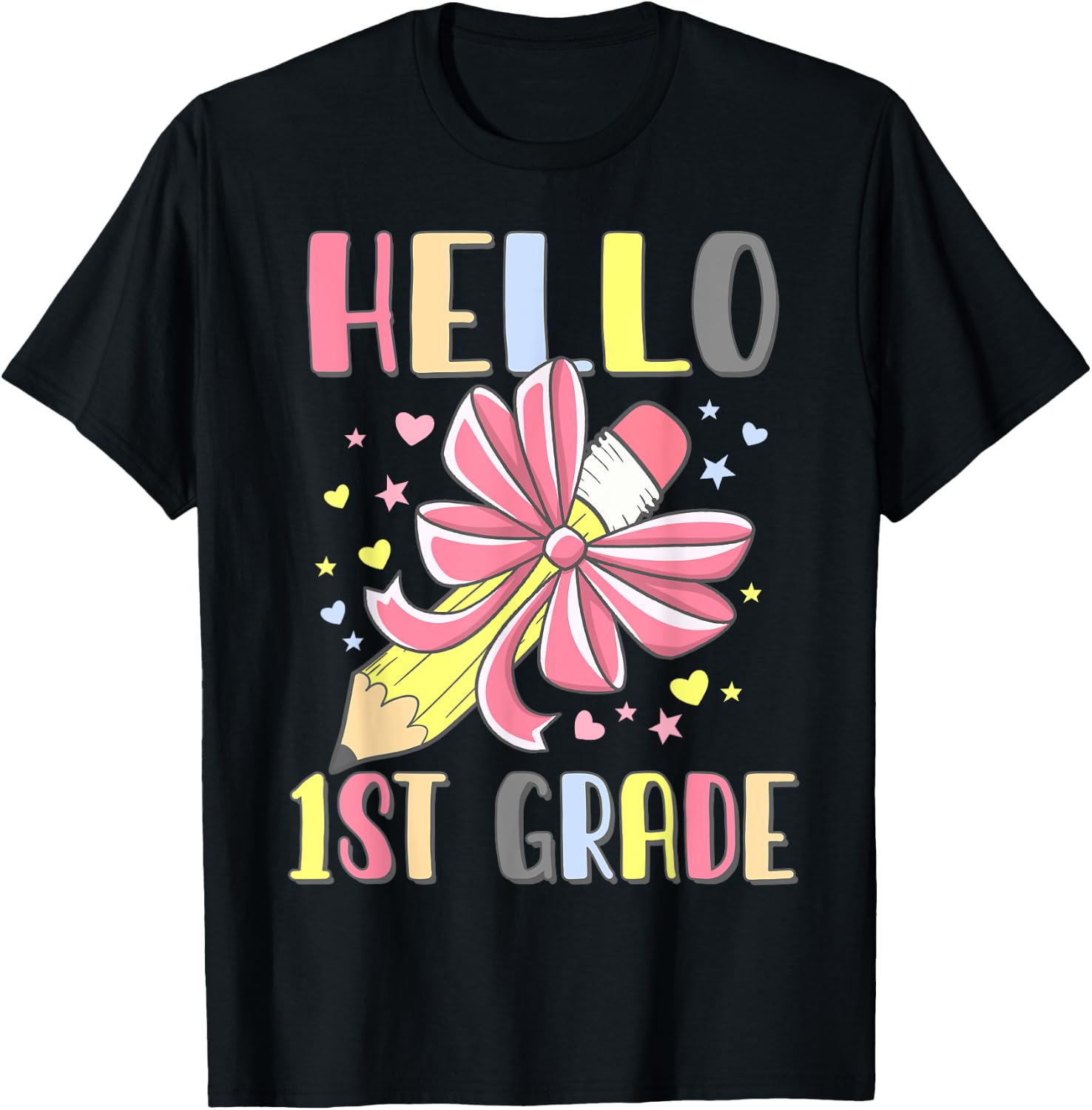 Hello First Grade Girl Coquette Bow Back To School 1st Grade T-Shirt - T-Shirt | Black