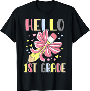 Hello First Grade Girl Coquette Bow Back To School 1st Grade T-Shirt - T-Shirt | Black