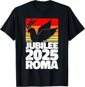 Jubilee 2025 Roma Peace Dove Striped Sunrise Holy Faith Year T-Shirt - T-Shirt | Black