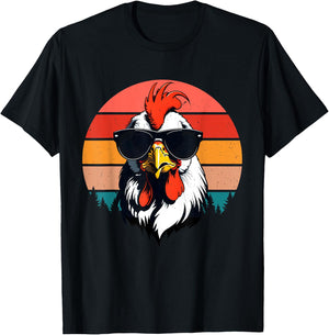Funny Cool Sunset Retro 70s 80s 90s Chicken in Sunglasses T-Shirt - T-Shirt | Black