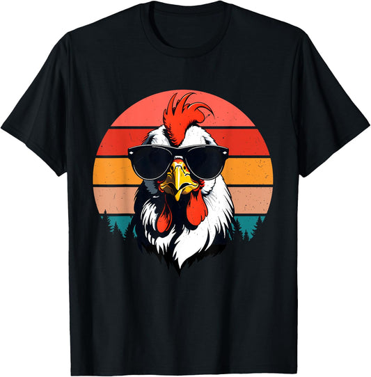 Funny Cool Sunset Retro 70s 80s 90s Chicken in Sunglasses T-Shirt - T-Shirt | Black