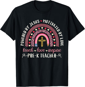 Powered By Jesus Motivated Love Christian Cute Pre-K Teacher T-Shirt - T-Shirt | Black