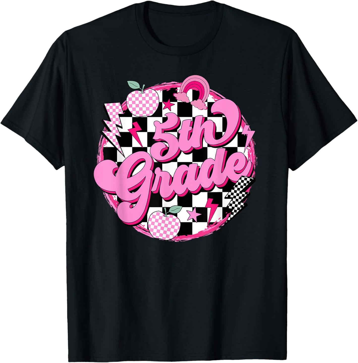 5th Grade Teacher Women Retro Checkered First Day of School T-Shirt - T-Shirt | Black