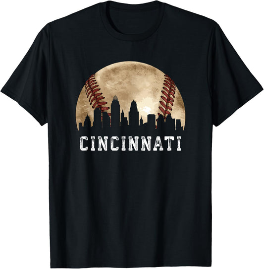 Cincinnati Skyline City Vintage Baseball Lover T-Shirt - T-Shirt | Black