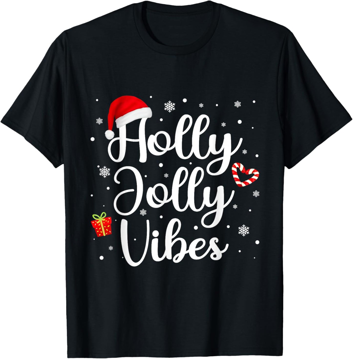 Cute Holly Christmas Jolly Vibes Santa Holiday Women Men T-Shirt - T-Shirt | Black