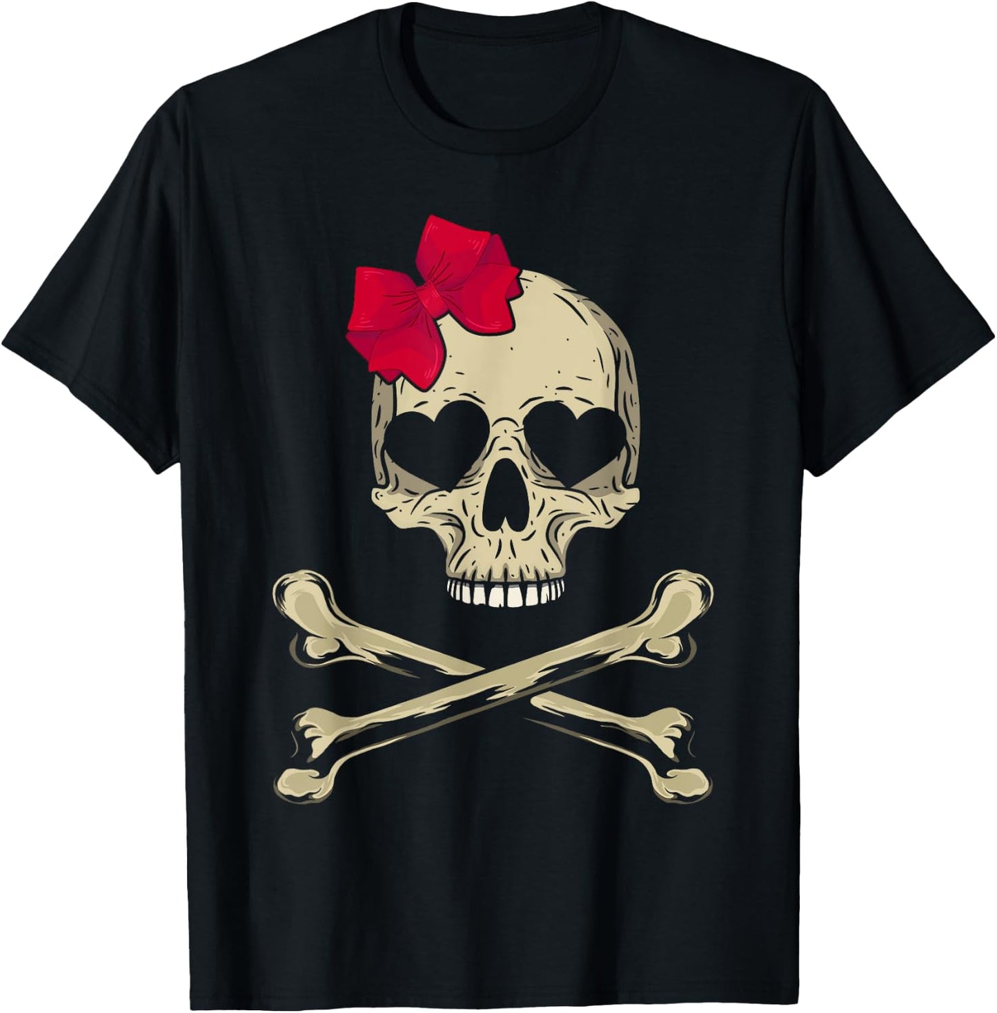 Cute Skull and Cross bone Pink Bow Tie Women Girls Adorable T-Shirt - T-Shirt | Black