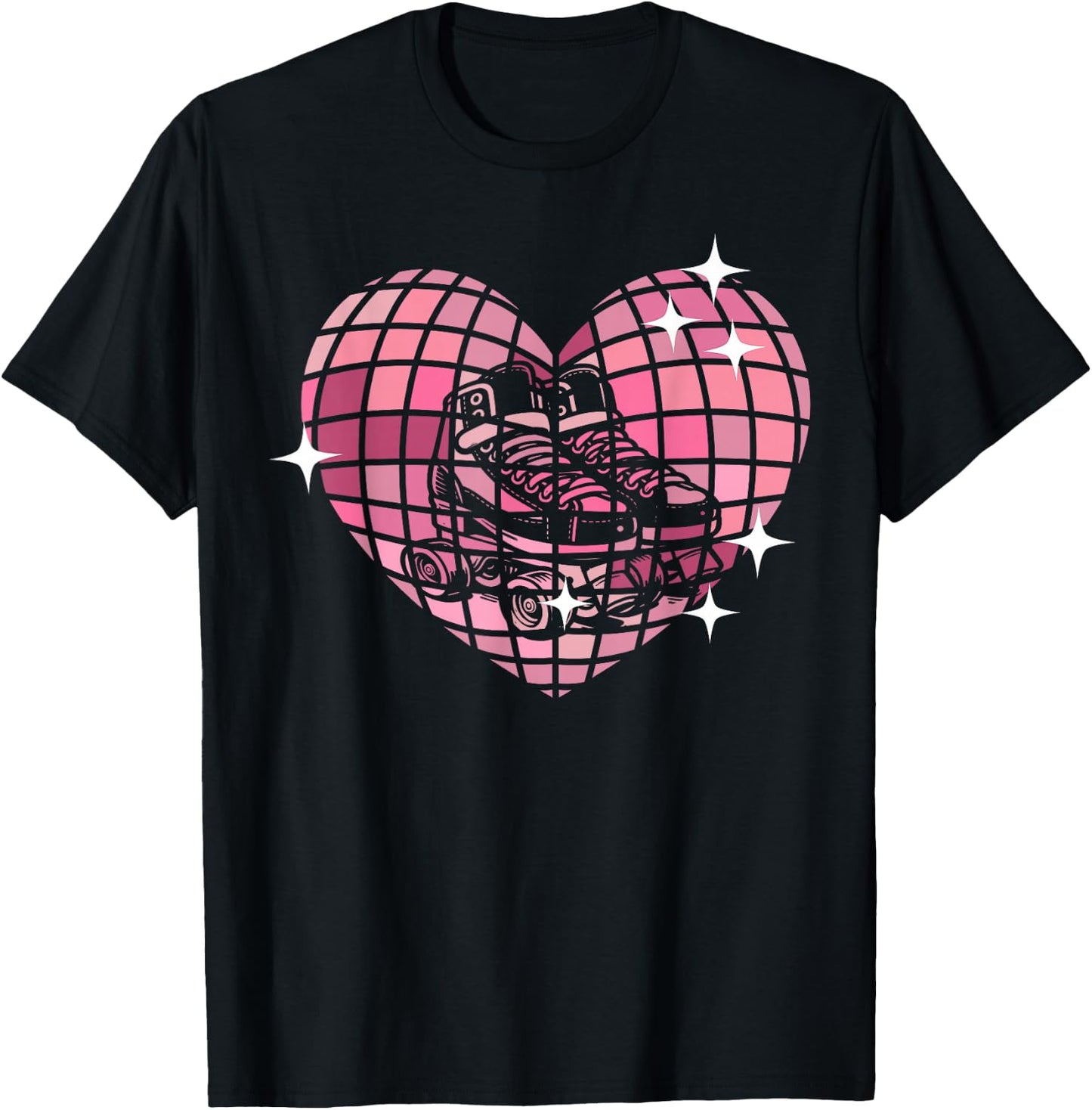 Cool Roller Skating Skate Girl 1970s Retro Disco Ball Heart T-Shirt - T-Shirt | Black