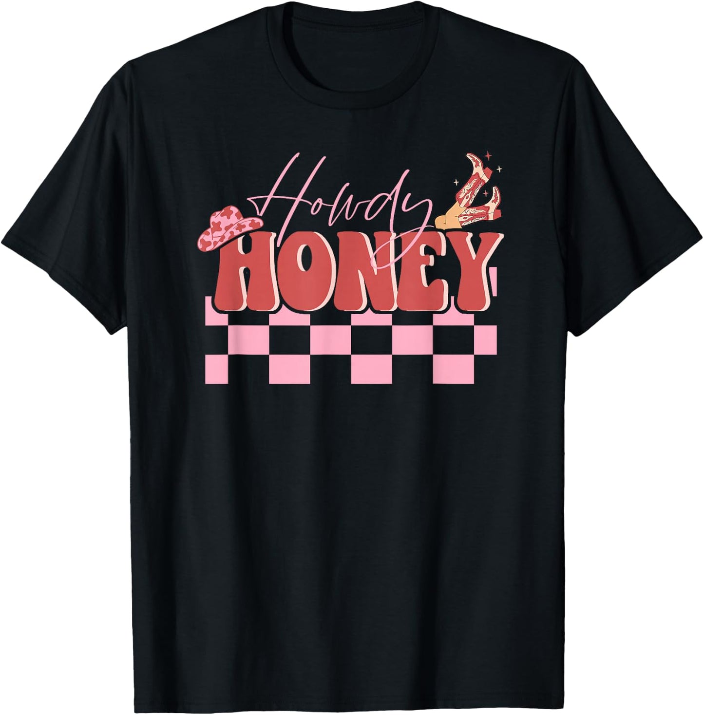 Retro Howdy Honey Cowgirl Boot Western Valentines Day T-Shirt - T-Shirt | Black