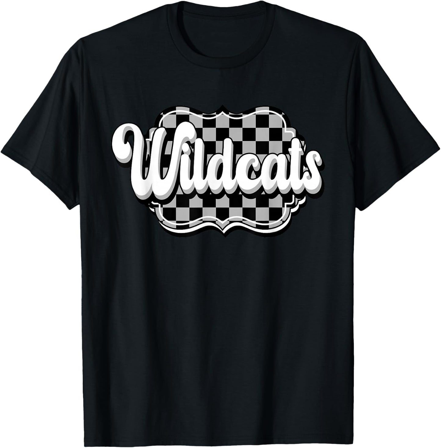 Wildcats School Spirit Retro Wildcats Checkered Print T-Shirt - T-Shirt | Black