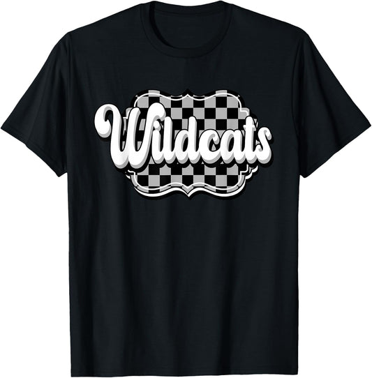 Wildcats School Spirit Retro Wildcats Checkered Print T-Shirt - T-Shirt | Black