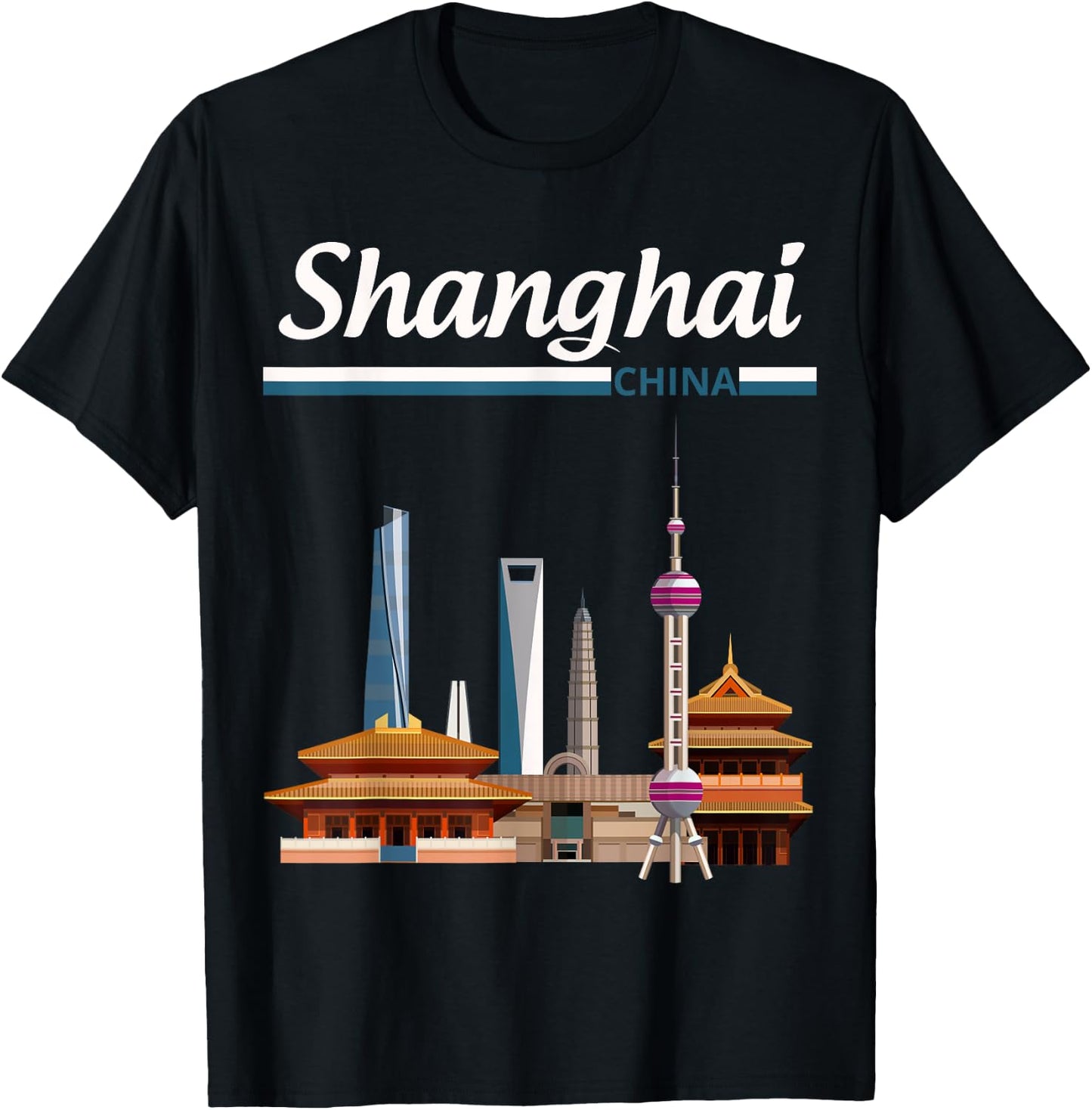 Shanghai city skyline with the Pearl Tower, Shanghai Tower T-Shirt - T-Shirt | Black