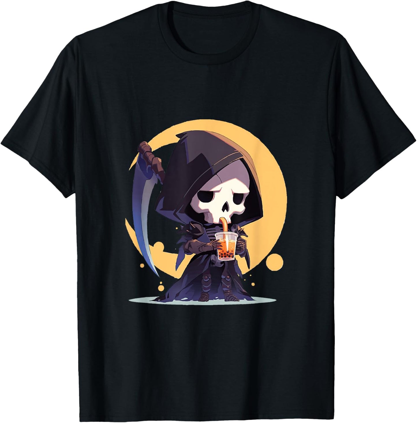 Cute Chibi Grim Reaper Drinking Boba Tea T-Shirt - T-Shirt | Black