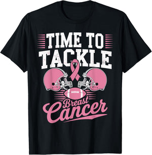 Pink Football Helmet Ribbon, Time to Tackle Breast Cancer T-Shirt - T-Shirt | Black
