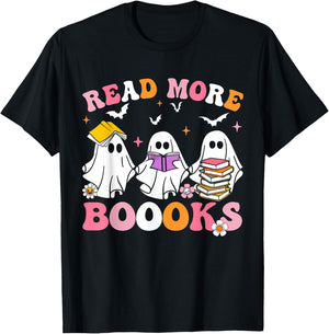 Groovy Cute Ghost Read More Books Funny Teacher Halloween T-Shirt - T-Shirt | Black