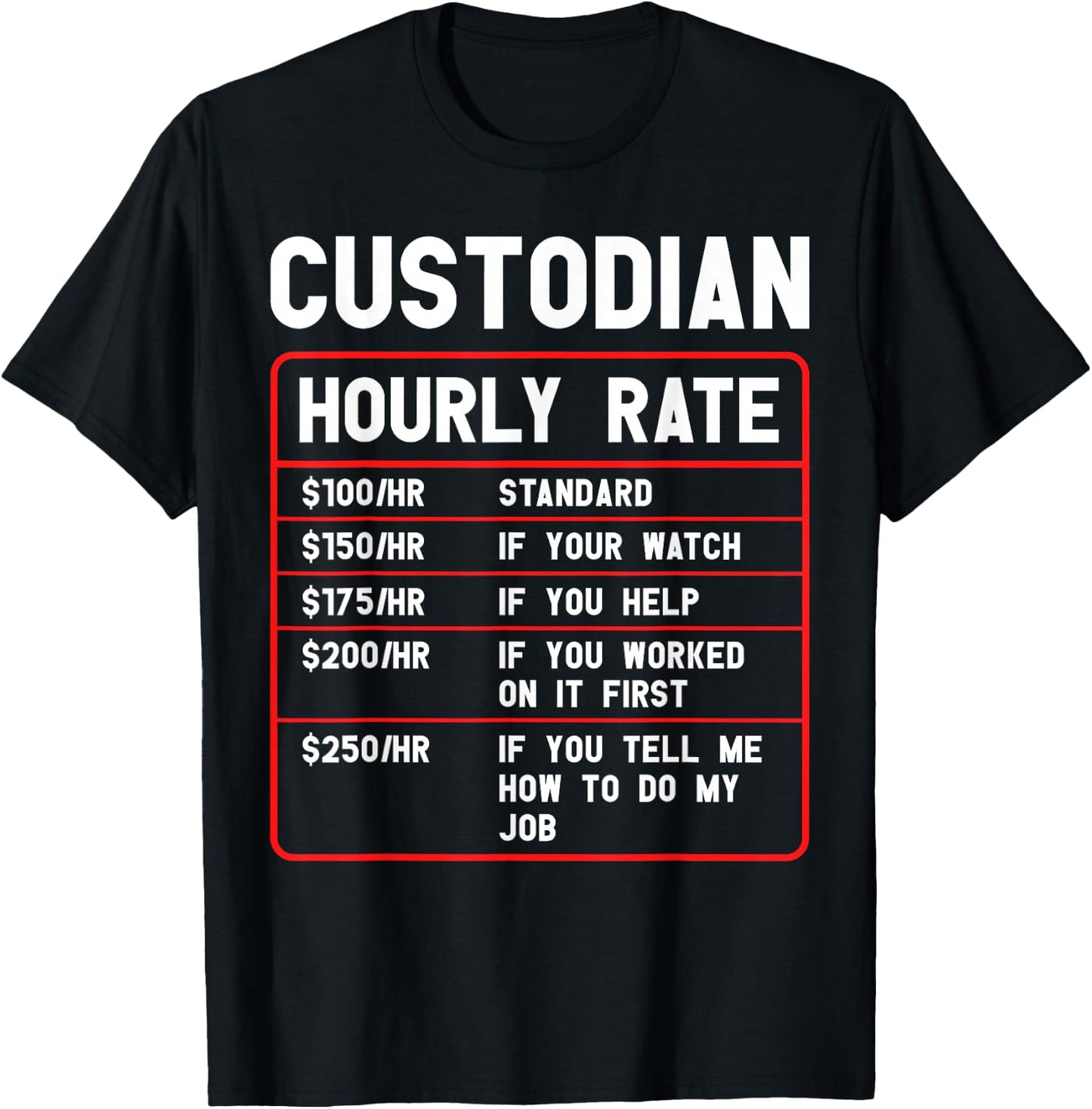 Custodian Janitor Day Hourly Rate Custodial School Custodian T-Shirt - T-Shirt | Black