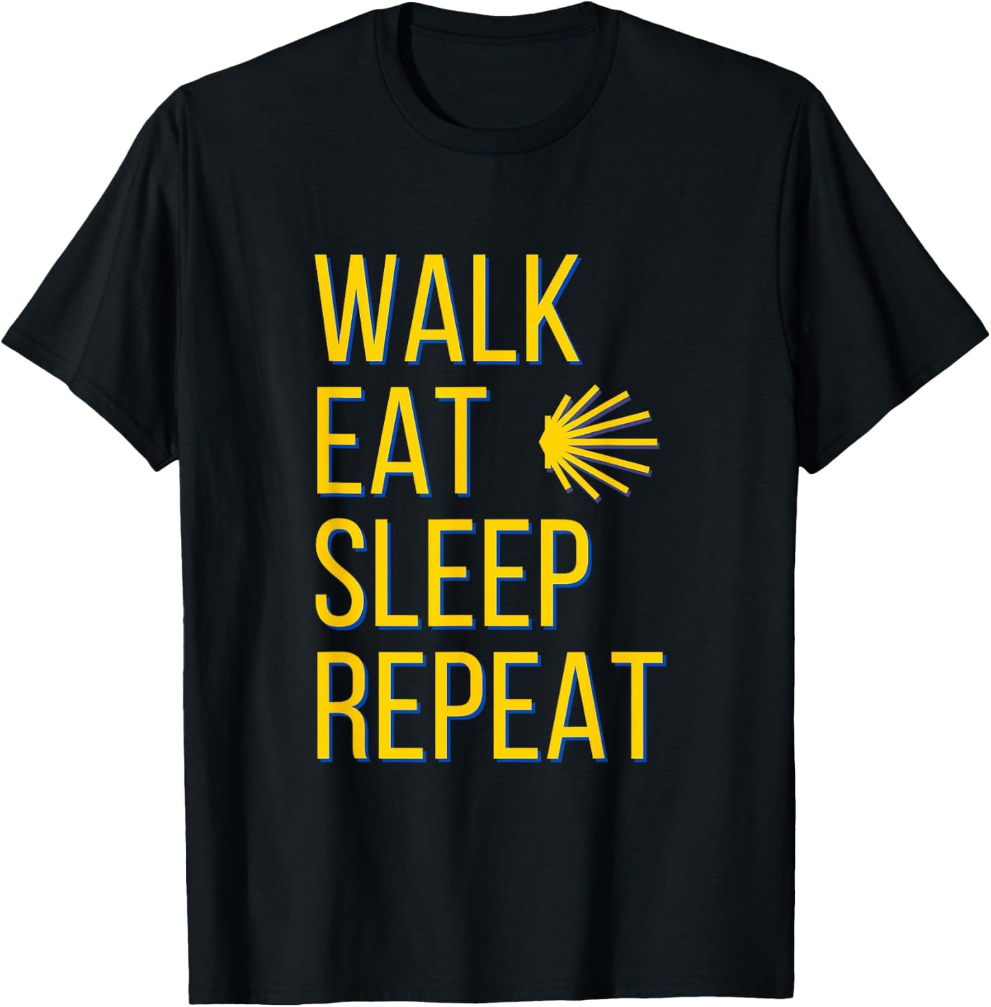 Walk Eat Sleep Repeat Yellow Shell Camino de Santiago Symbol T-Shirt - T-Shirt | Black