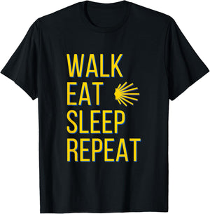 Walk Eat Sleep Repeat Yellow Shell Camino de Santiago Symbol T-Shirt - T-Shirt | Black
