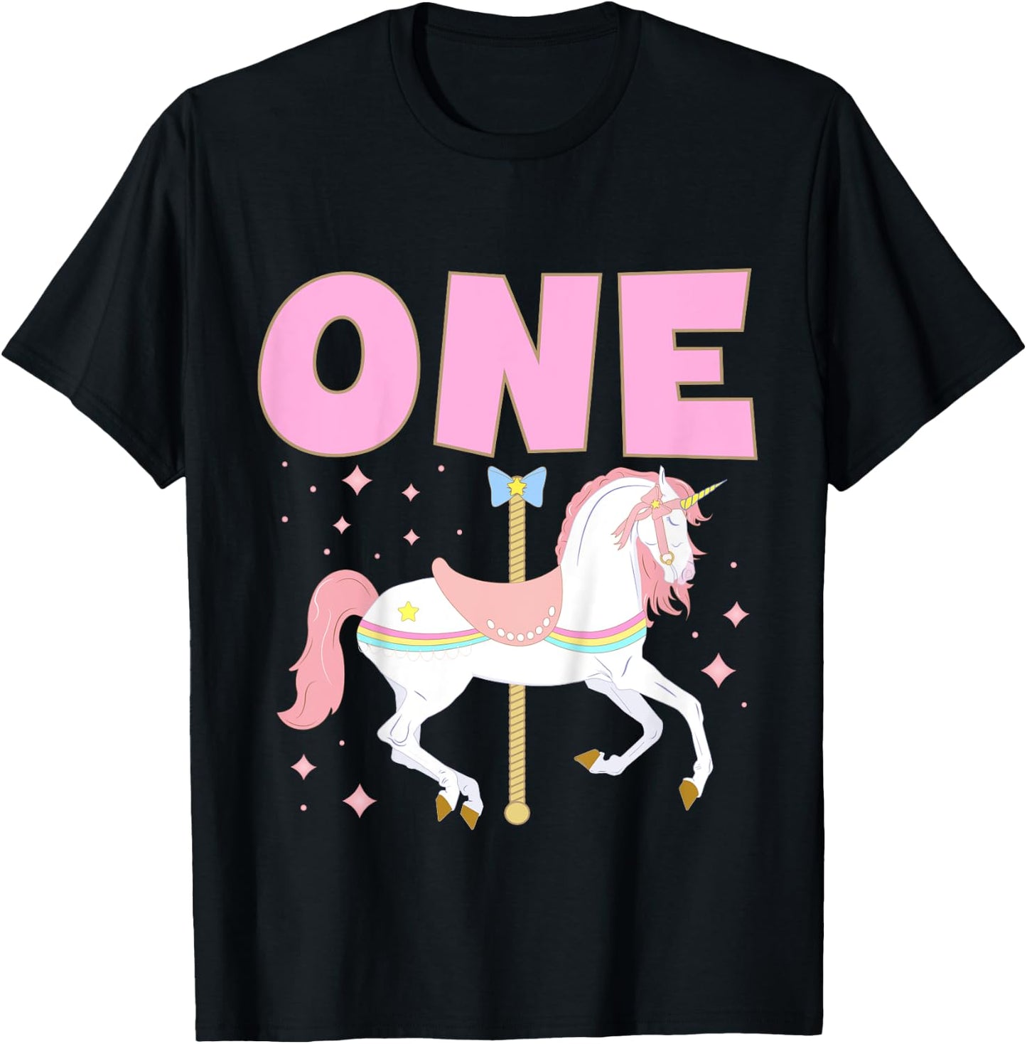 Kids Carousel Party First Birthday Baby Girl One Year Old Unicorn T-Shirt - T-Shirt | Black