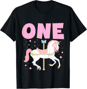 Kids Carousel Party First Birthday Baby Girl One Year Old Unicorn T-Shirt - T-Shirt | Black