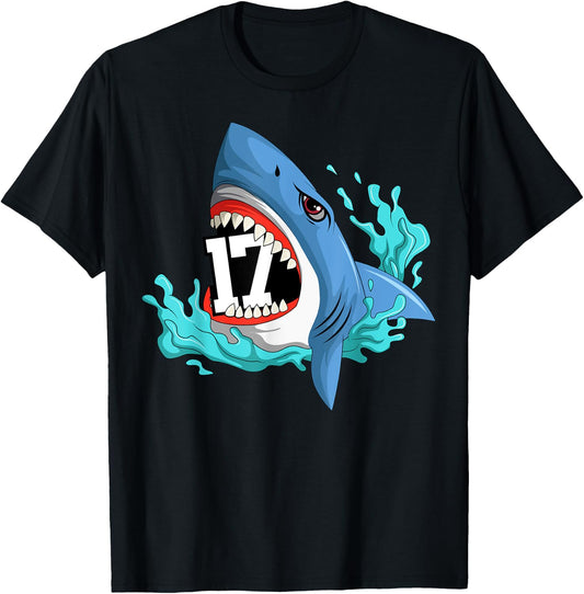 17 Shark Birthday Animal Themed Bday Party Celebration T-Shirt - T-Shirt | Black