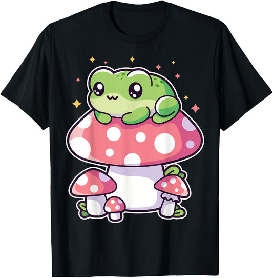 Kawaii Frog Lying On Mushroom Kawaii Anime Frog Lover Outfit T-Shirt - T-Shirt | Black
