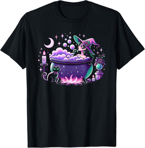 Witch Bubble Bath Cauldron Purple Pink Pastel Goth Cute Cat T-Shirt - T-Shirt | Black