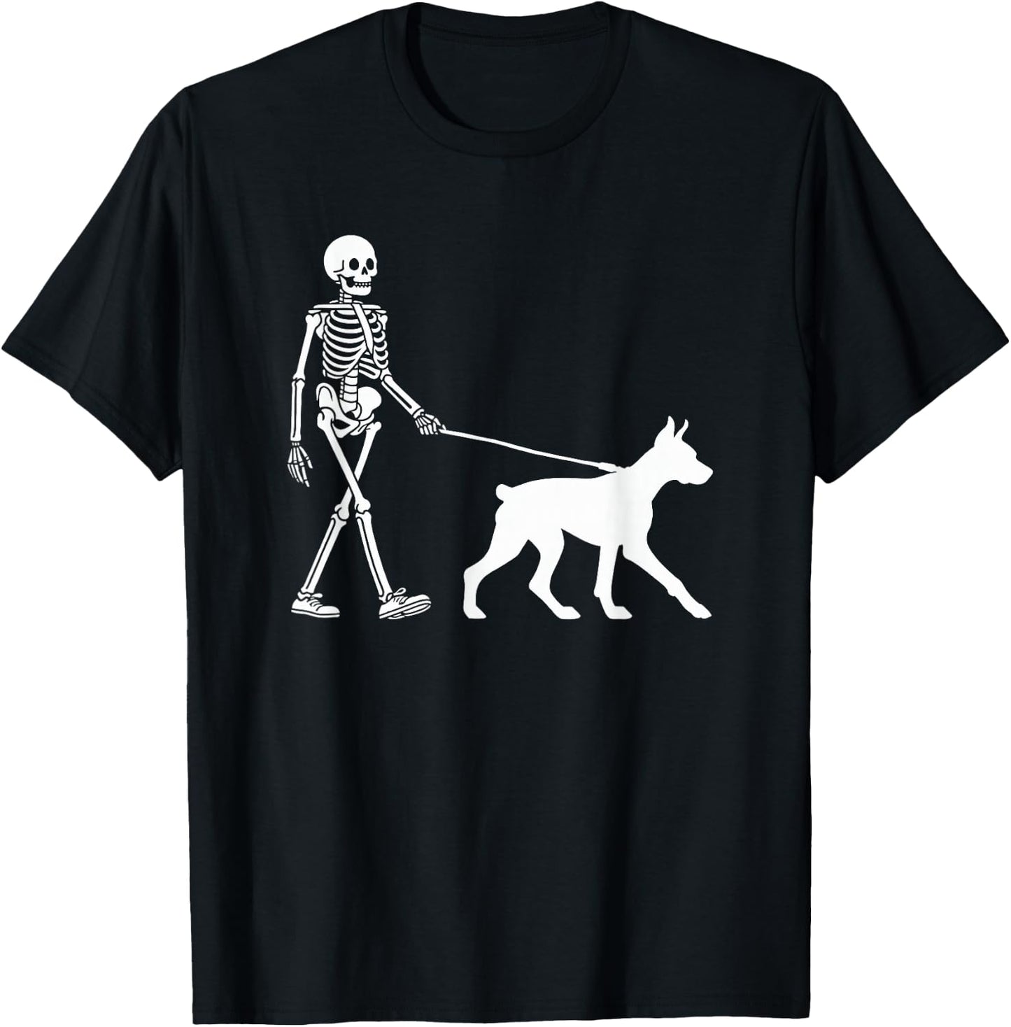Skeleton Walking a Dog Doberman Pinscher Halloween Outfit T-Shirt - T-Shirt | Black