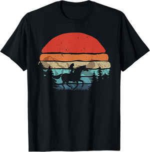 Retro Horse Riding Cowgirl Mountains Sunset Vintage T-Shirt - T-Shirt | Black