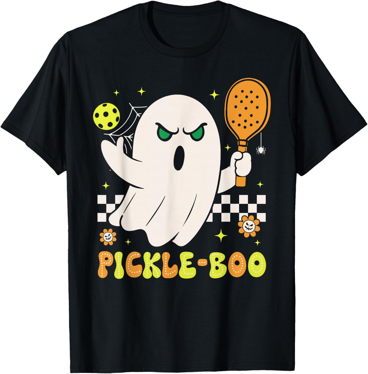 Groovy Halloween Pickleball Pickle Boo Ghost Men Women Kids T-Shirt - T-Shirt | Black