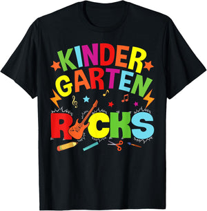 Hello Kindergarten Rocks Teacher Team Vibes Rockstar T-Shirt - T-Shirt | Black