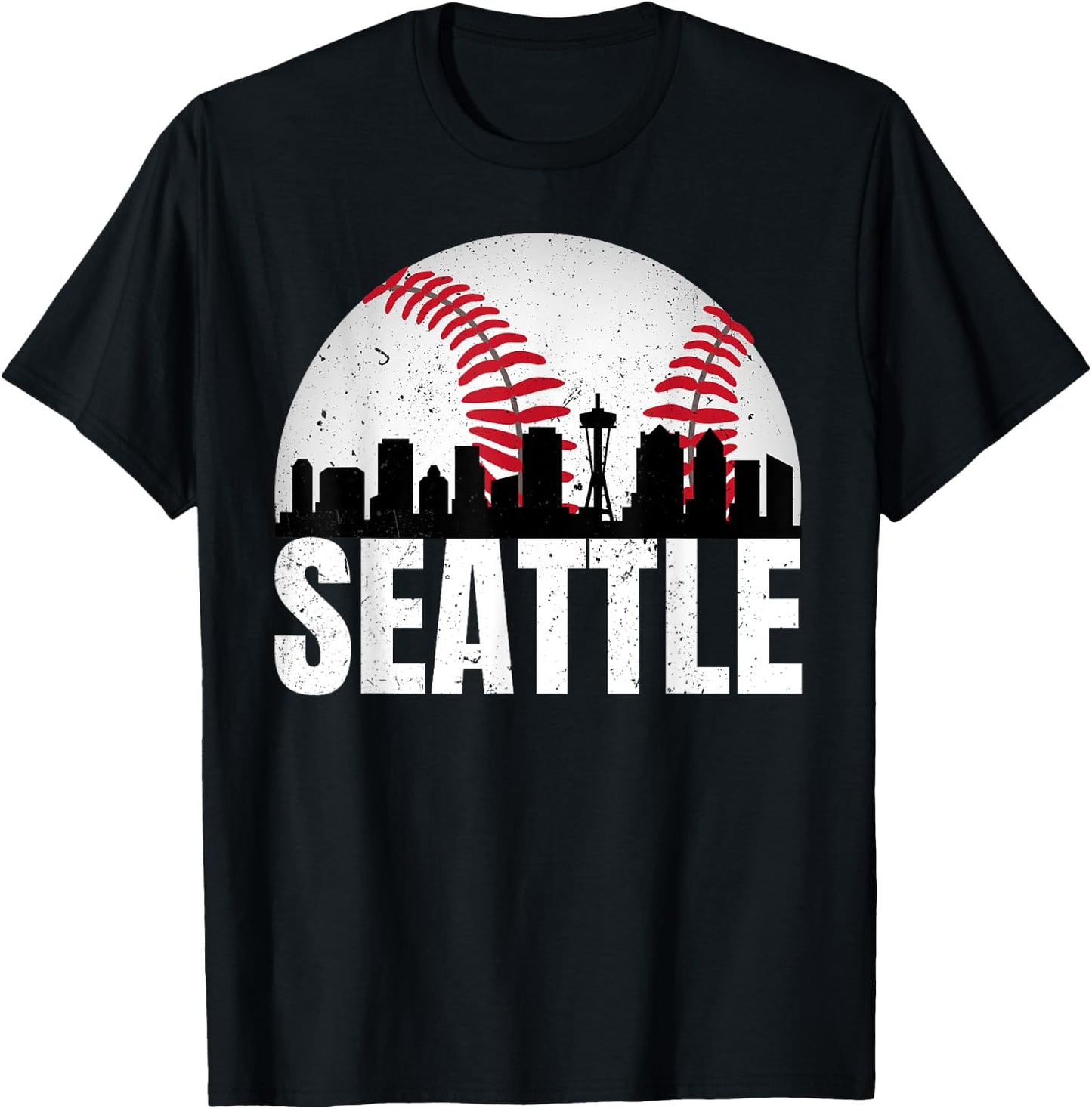 Vintage Seattle Skyline Baseball Retro Cityscap Washington T-Shirt - T-Shirt | Black