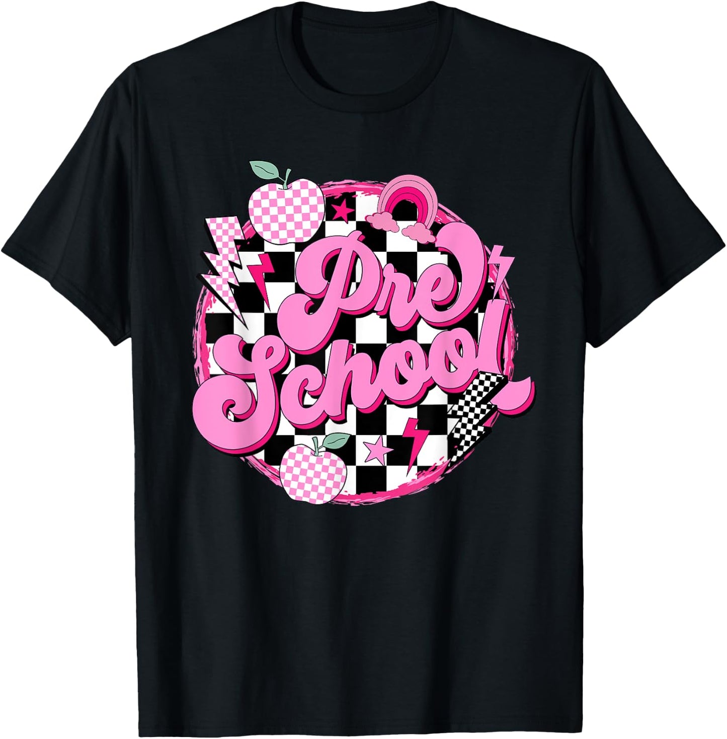 Preschool Teacher Women Retro Checkered First Day of School T-Shirt - T-Shirt | Black