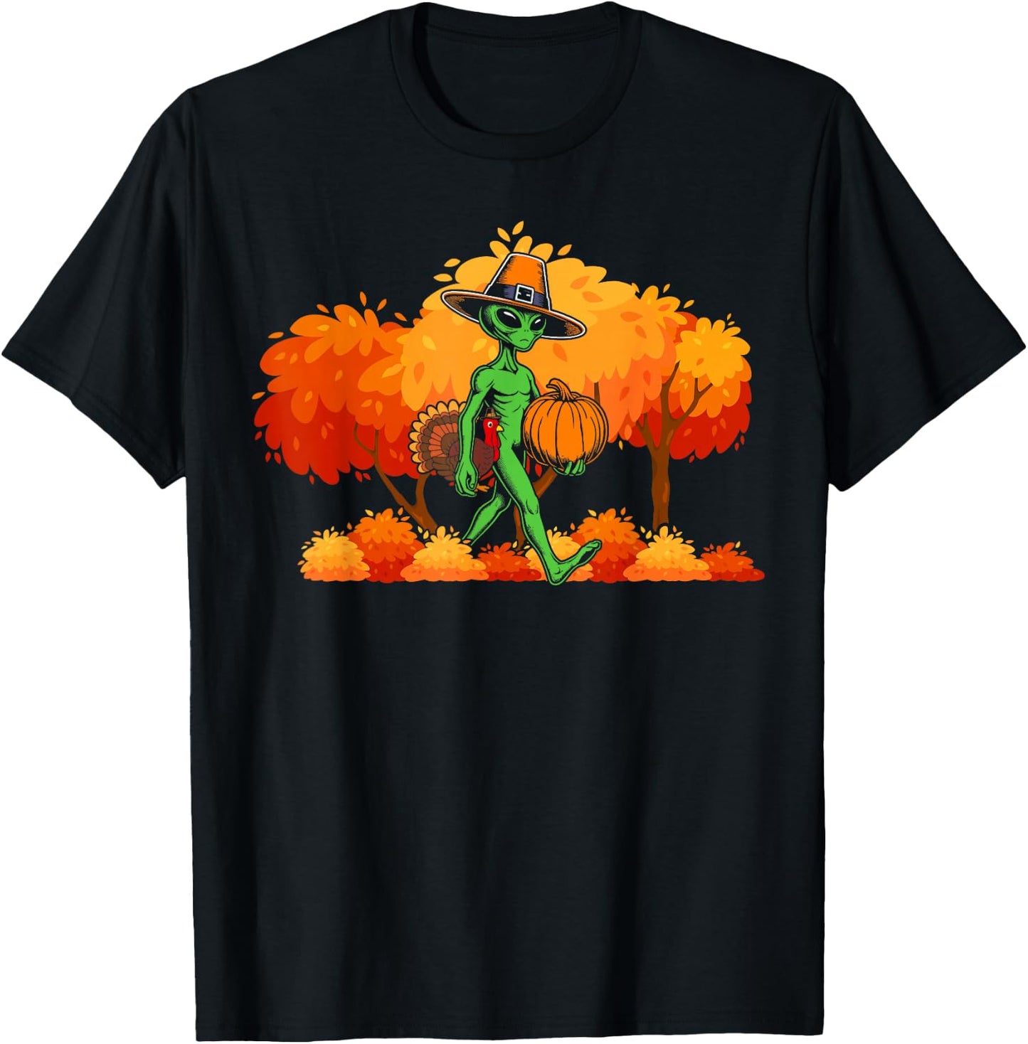 Alien thanksgiving Pilgrim Turkey Pumpkin autumn leaves fall T-Shirt - T-Shirt | Black