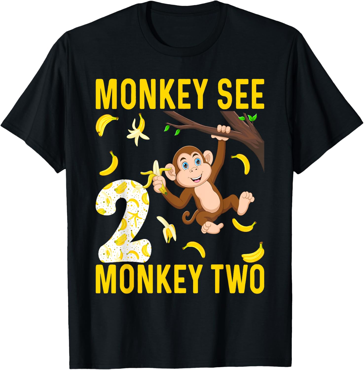 Kids 2 Years Old Monkey Party Themes 2nd Birthday T-Shirt - T-Shirt | Black