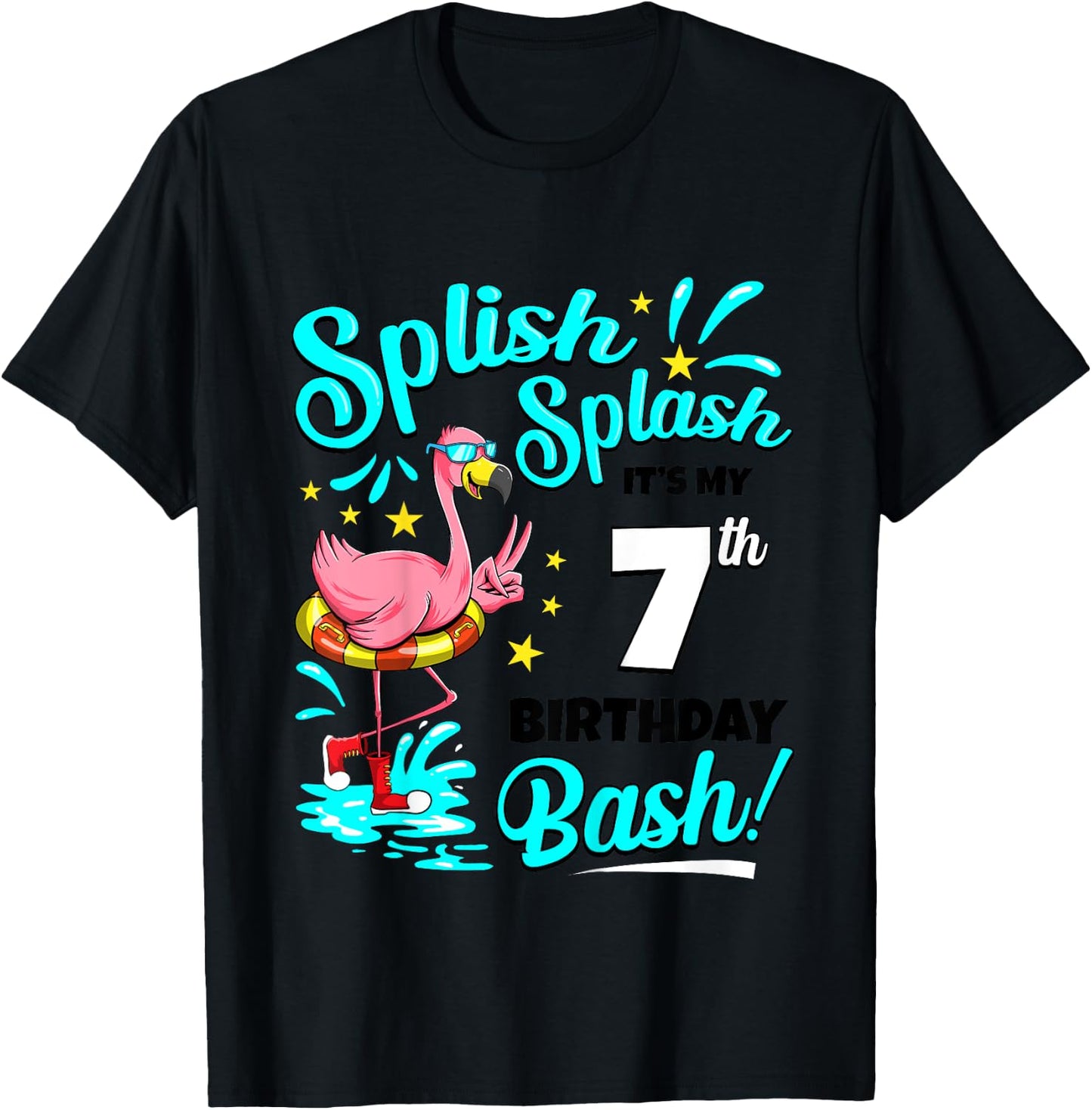7th Birthday Flamingo 7 Years Old Pool Party Summer Girls Kids T-Shirt - T-Shirt | Black
