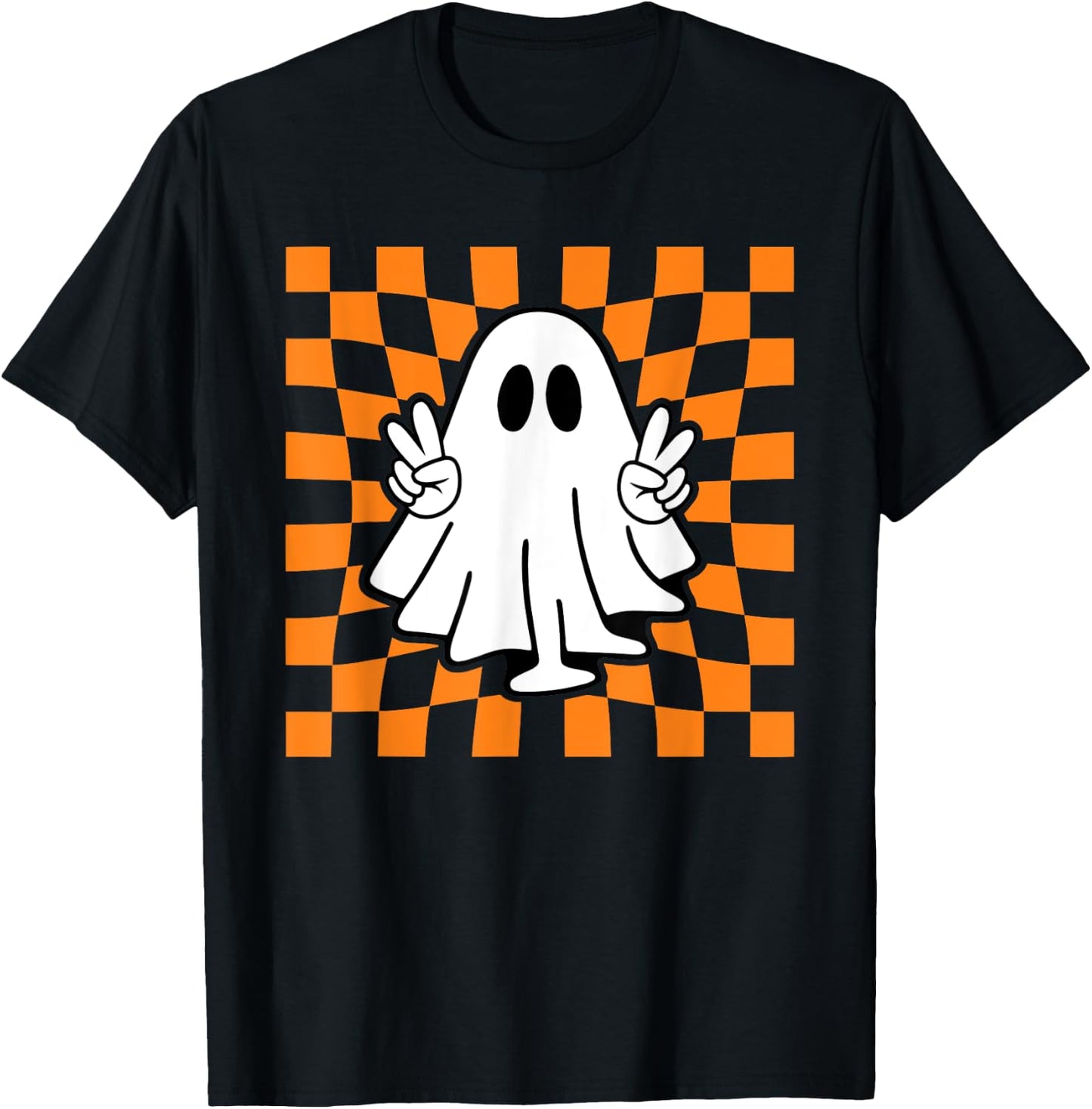 Peace Sign Halloween Ghost Boo Check Pattern T-Shirt - T-Shirt | Black