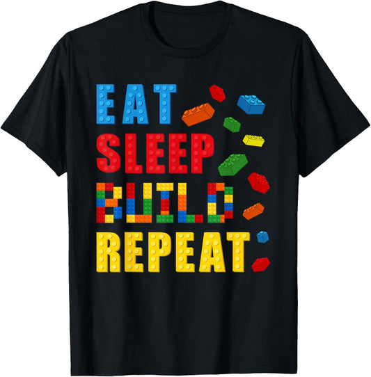 Eat Sleep Build Repeat Building Bricks Blocks Builder Boys T-Shirt - T-Shirt | Black