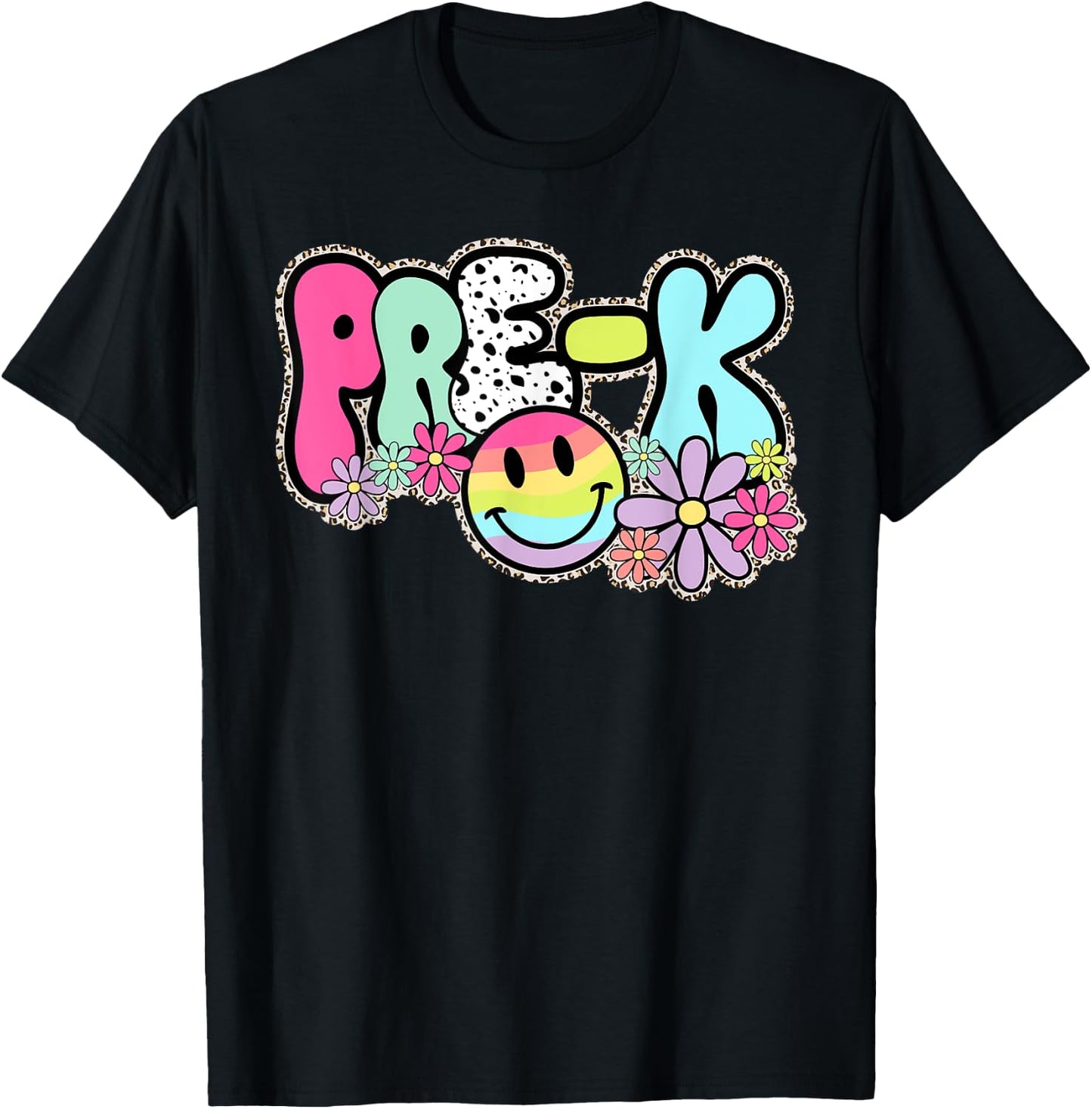 Pre-K Smile Face Retro Back To School Teacher Student Women Kids T-Shirt - T-Shirt | Black