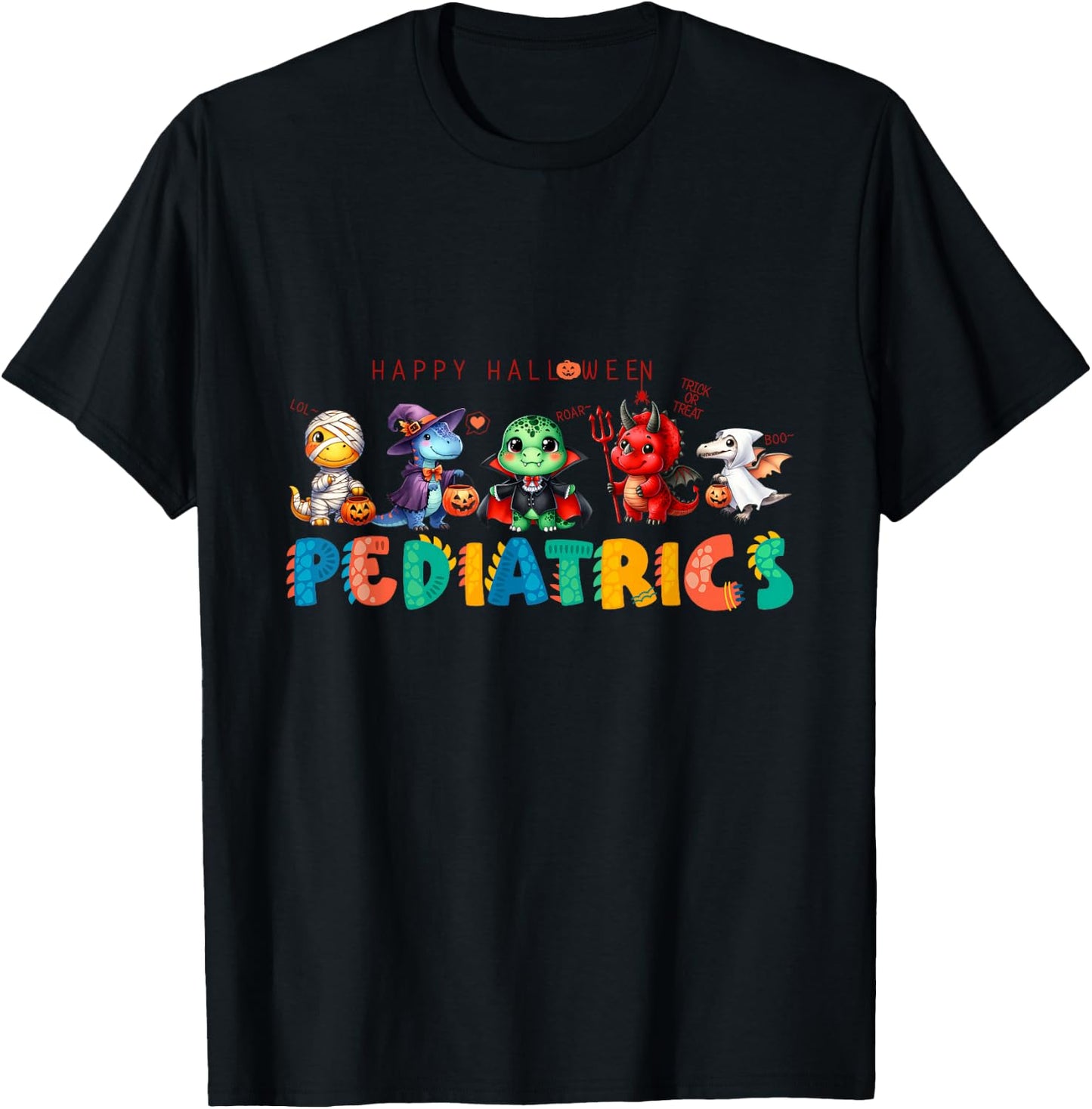 Pediatric Happy Halloween Cute Dinosaur Costume Nurse Crew T-Shirt - T-Shirt | Black