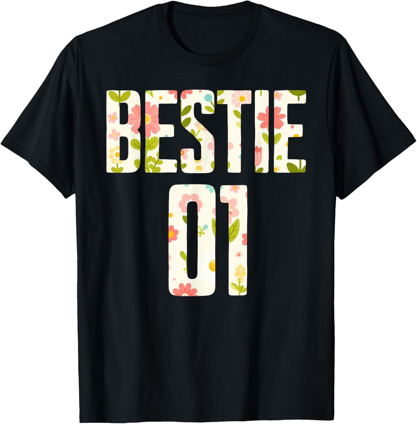 Bestie 1 Bestie 2 Matching Best Retro Flower Twinning Friend T-Shirt - T-Shirt | Black