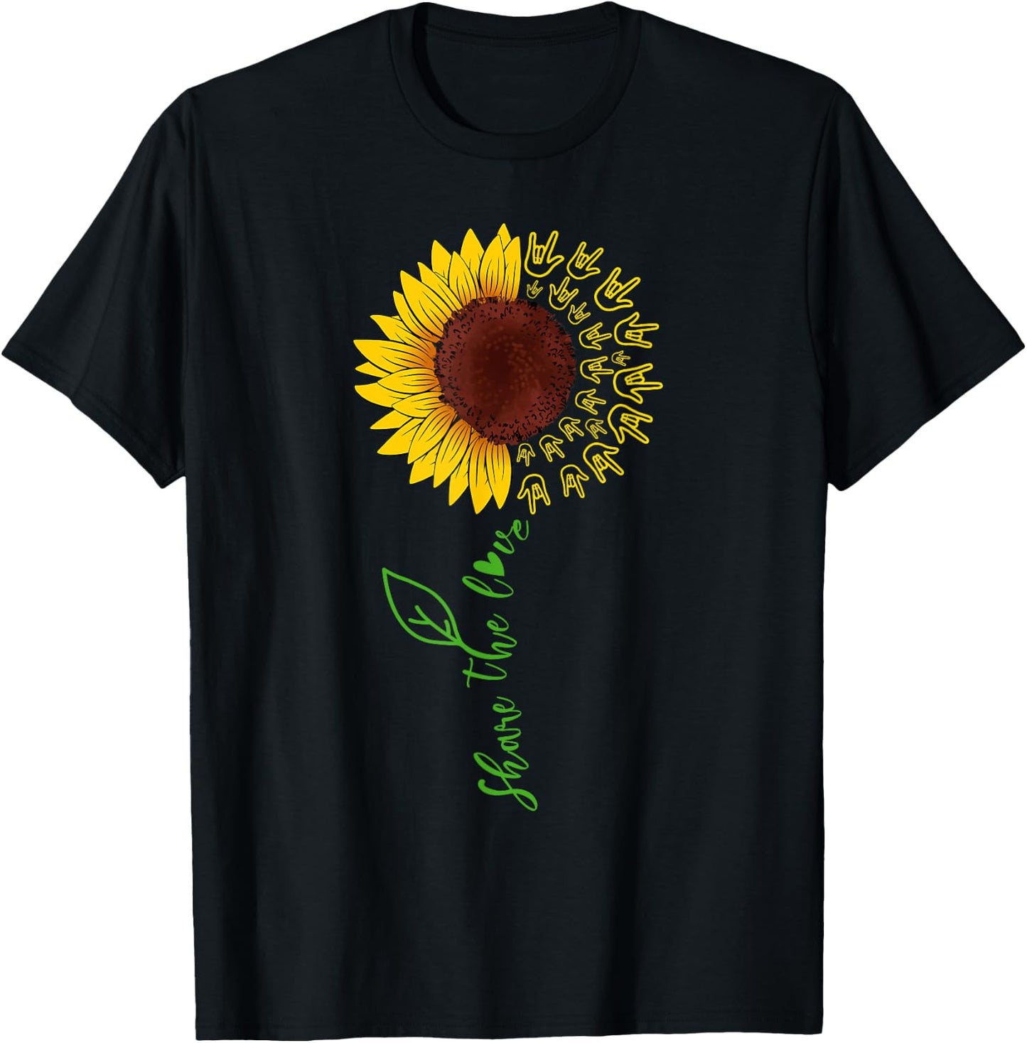 Sign Language ASL American Sunflower Share the Love T-Shirt - T-Shirt | Black