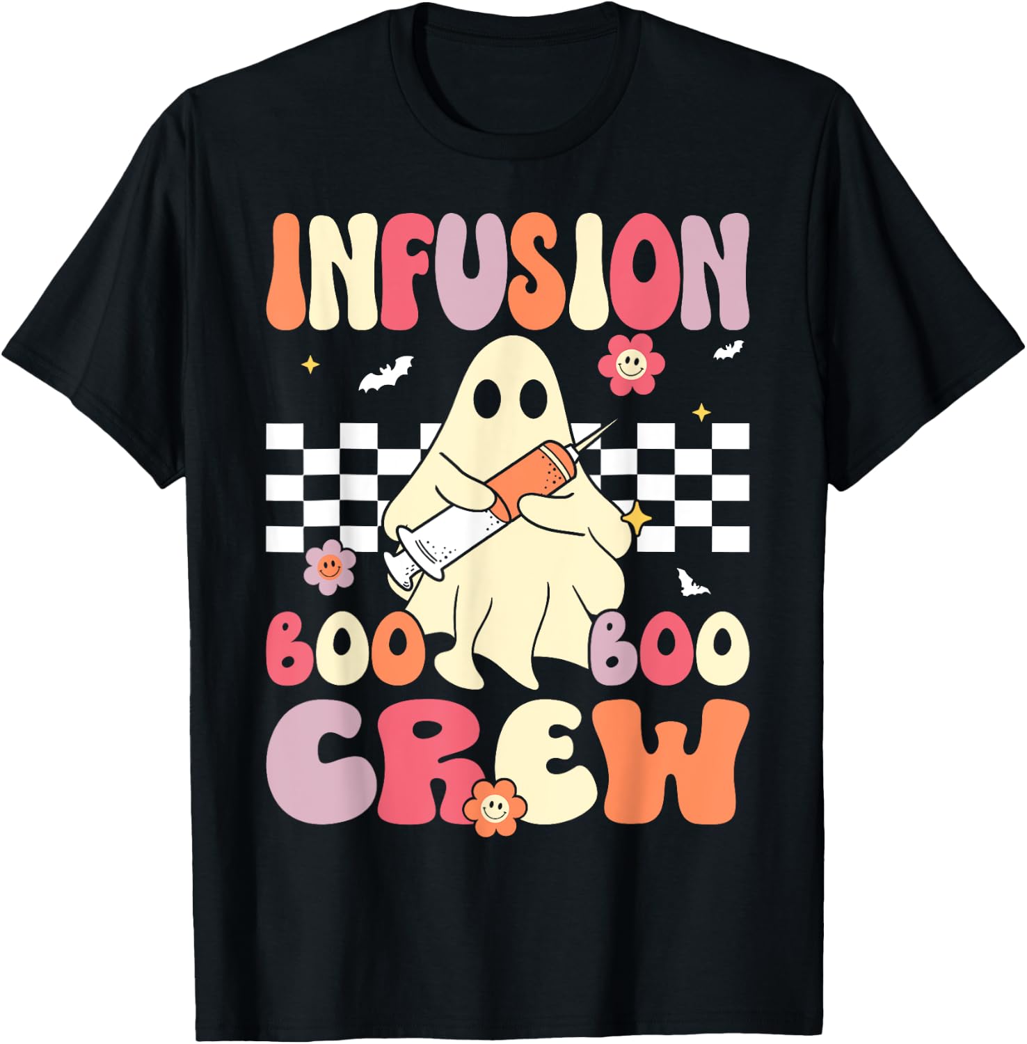 Infusion Nurse Boo Crew Groovy Retro Nurse Halloween T-Shirt - T-Shirt | Black