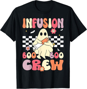 Infusion Nurse Boo Crew Groovy Retro Nurse Halloween T-Shirt - T-Shirt | Black