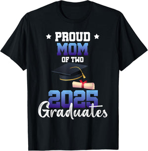Proud MOM of Two 2025 Graduates Twin Senior Family T-Shirt - T-Shirt | Black
