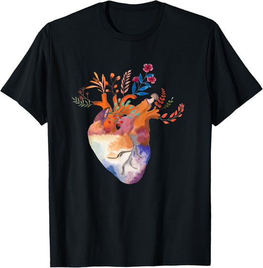 Anatomical Floral Heart Cardiology Medical Cardiac Nurse T-Shirt - T-Shirt | Black