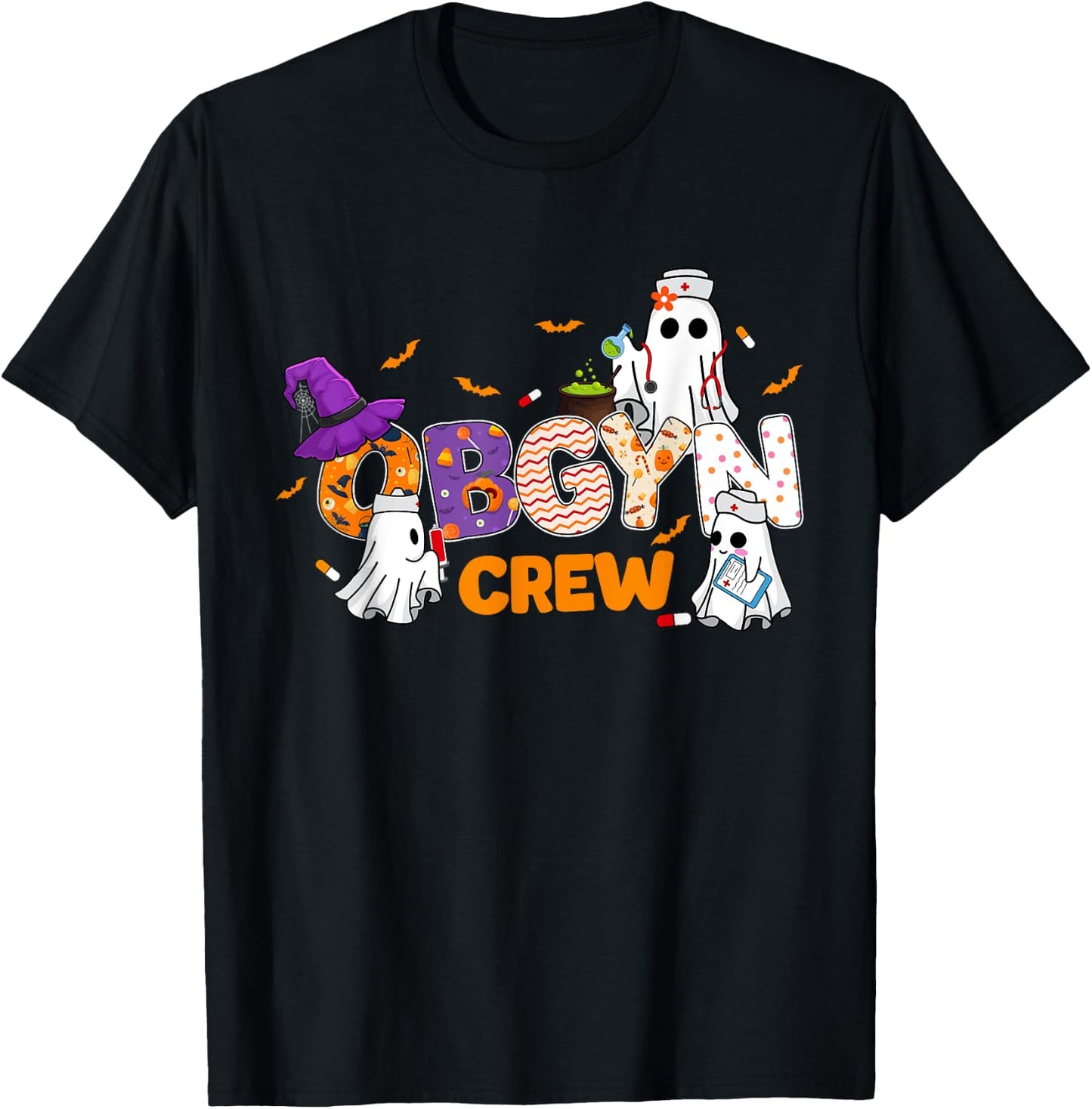 Halloween OBGYN Crew Cute Boo Ghost Nurse Nursing Scrub T-Shirt - T-Shirt | Black