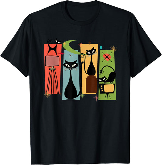 Mid Century Cat Retro Atomic Age Space Modern Midcentury 50s T-Shirt - T-Shirt | Black