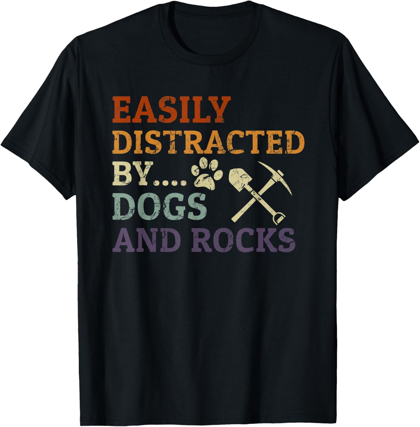 Retro Geologist Rocks Lover Easily Distracted By Rocks & Dog T-Shirt - T-Shirt | Black