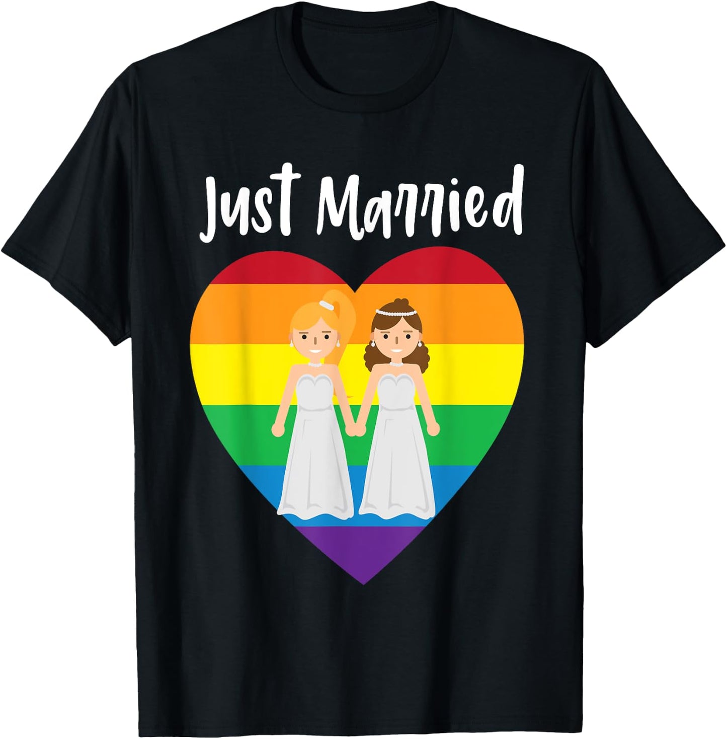 Just Married Double Bride Lesbian Pride Rainbow Color Print T-Shirt - T-Shirt | Black